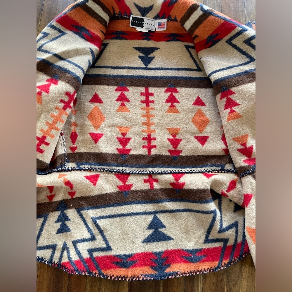 NEW Rhonda Stark denim Zuni flounce wrap wool blend Aztec pattern - Picture 8 of 10